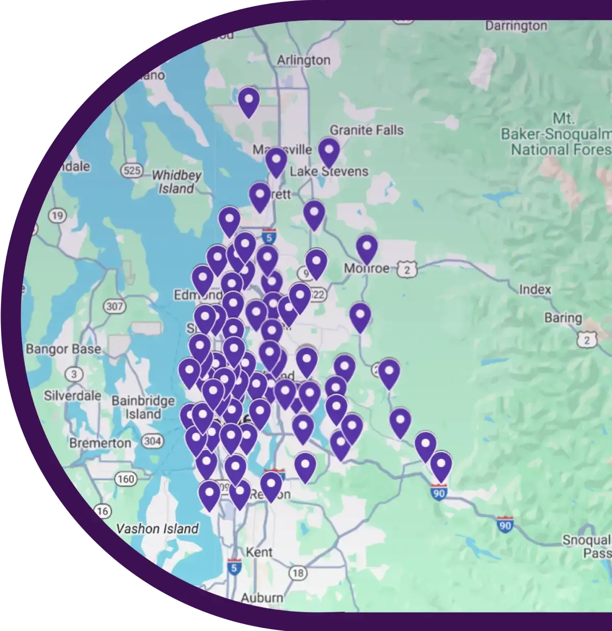 A map of the Seattle area with numerous purple location pins clustered around the city and surrounding regions.