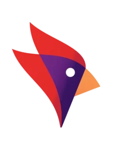Stylized graphic of a bird's head, primarily red and purple with an orange beak and a white circular eye, on a black background.