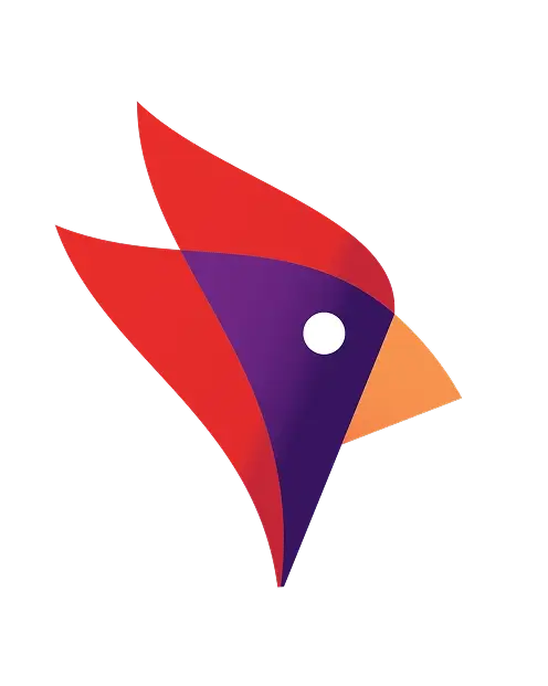 Stylized graphic of a bird's head, primarily red and purple with an orange beak and a white circular eye, on a black background.