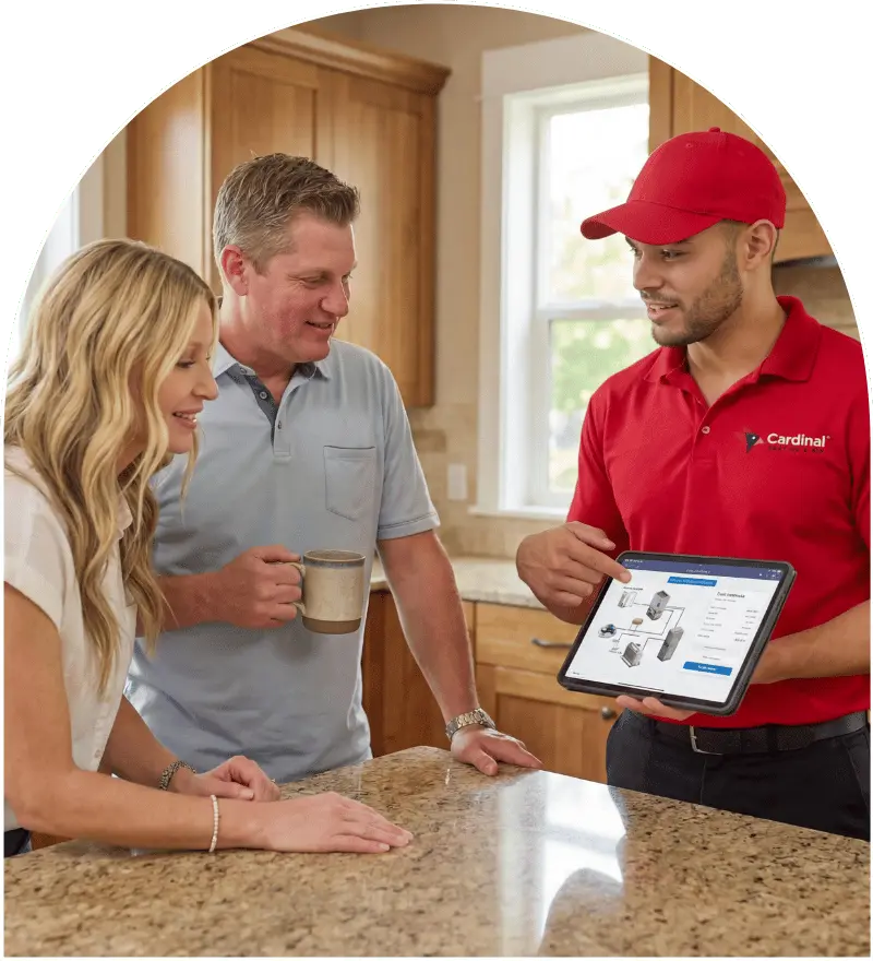 Cardinal Heating and Air technician reviewing HVAC system options with homeowners in Greater Seattle