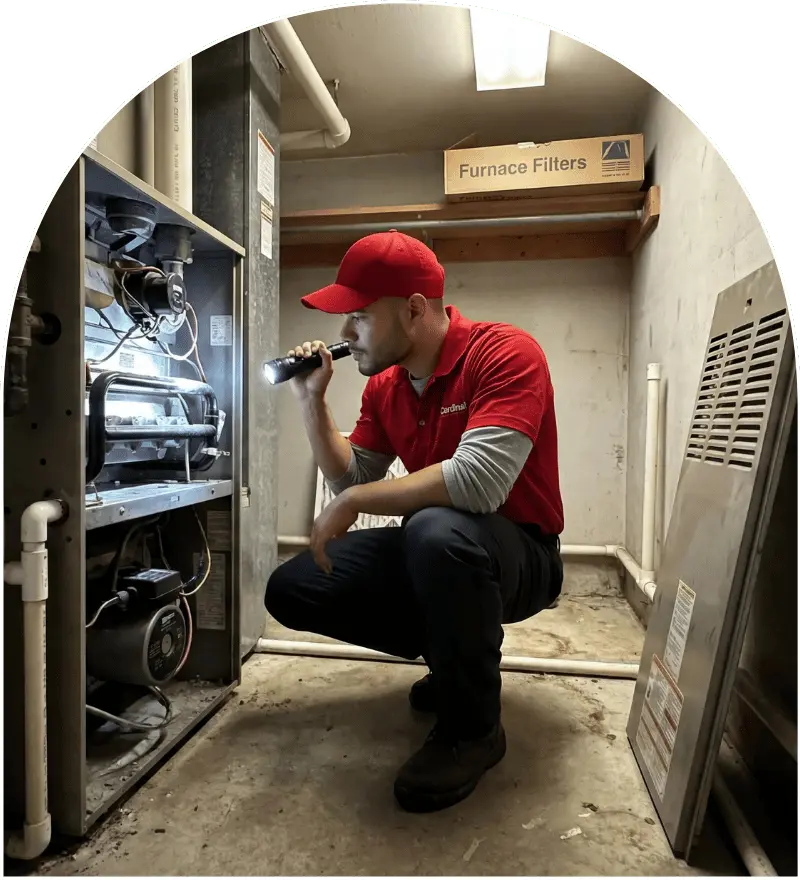 Cardinal Heating and Air technician inspecting a furnace during heating service in Greater Seattle