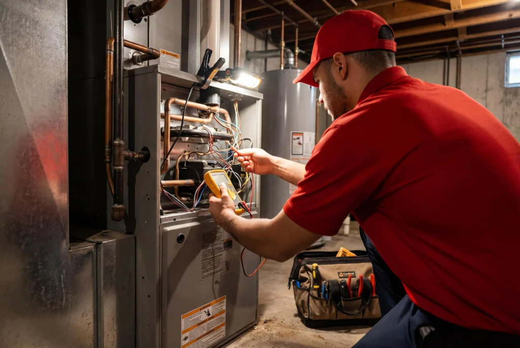HVAC technician testing furnace electrical components during home heating service in Greater Seattle