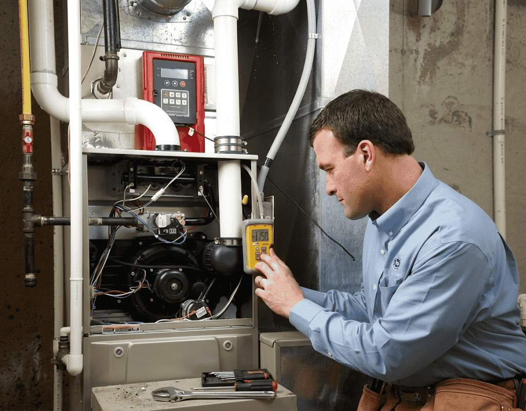 Technician testing a furnace with a multimeter during heating repair in Greater Seattle