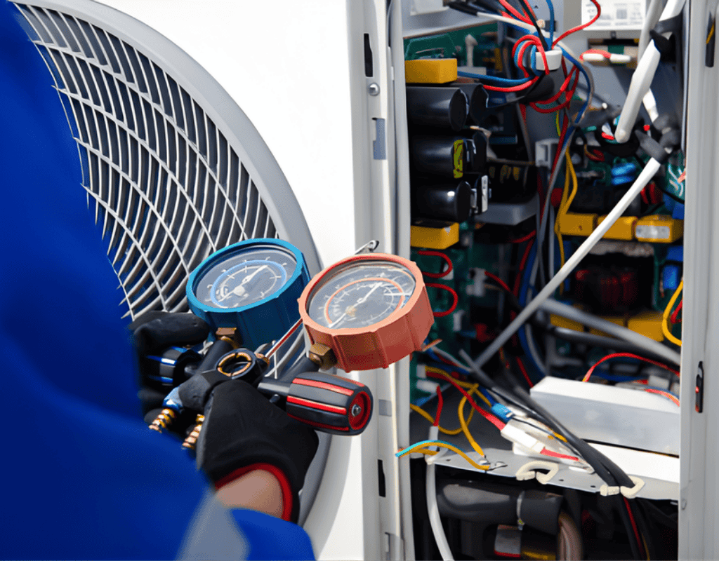HVAC gauges connected to heating and cooling equipment during system service in Greater Seattle