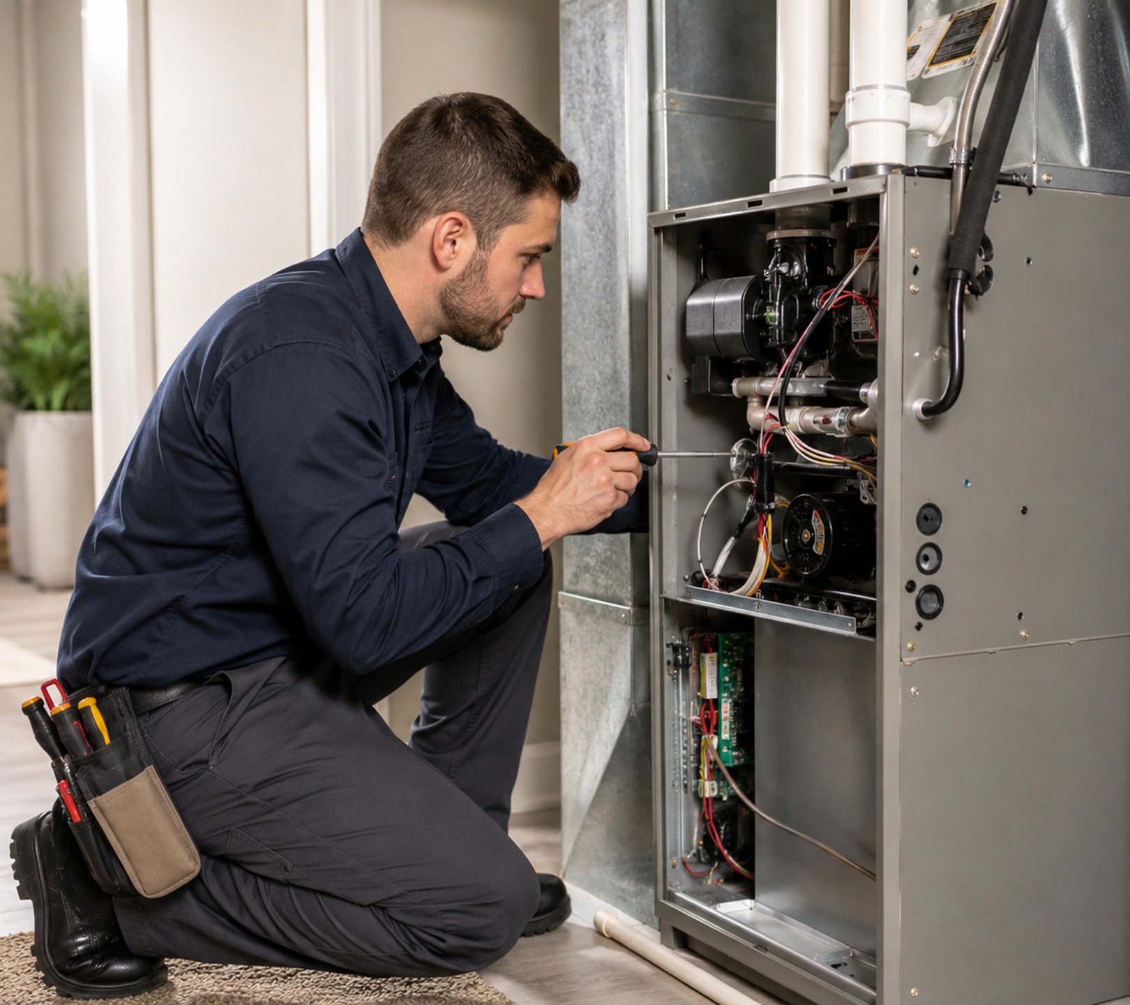 HVAC Contractor in Edmonds - WA checking refrigerant lines beside an outdoor heat pump