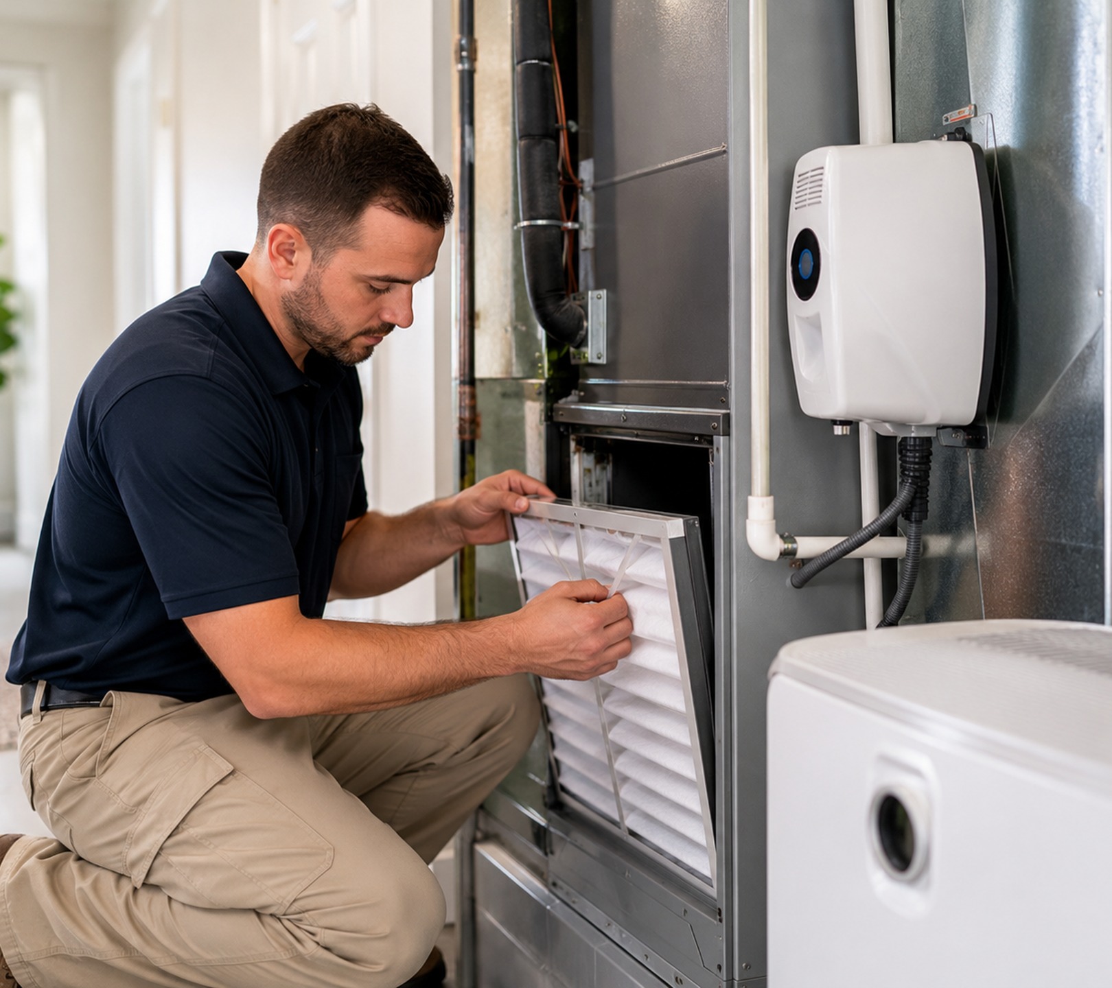 HVAC contractor testing thermostat response in a Marysville - WA home during a detailed service visit