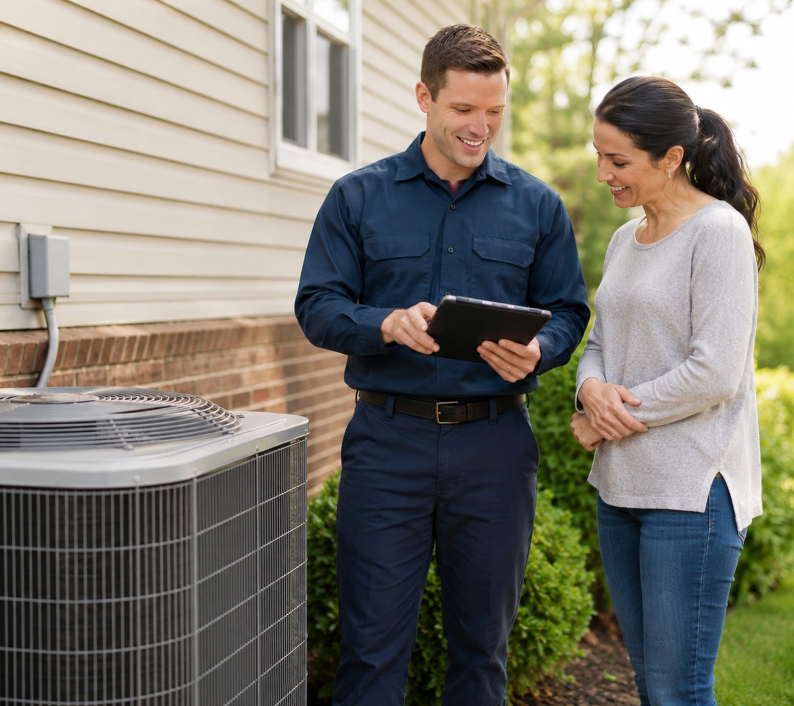 HVAC Contractor in Marysville - WA inspecting a heat pump cabinet beside a suburban home