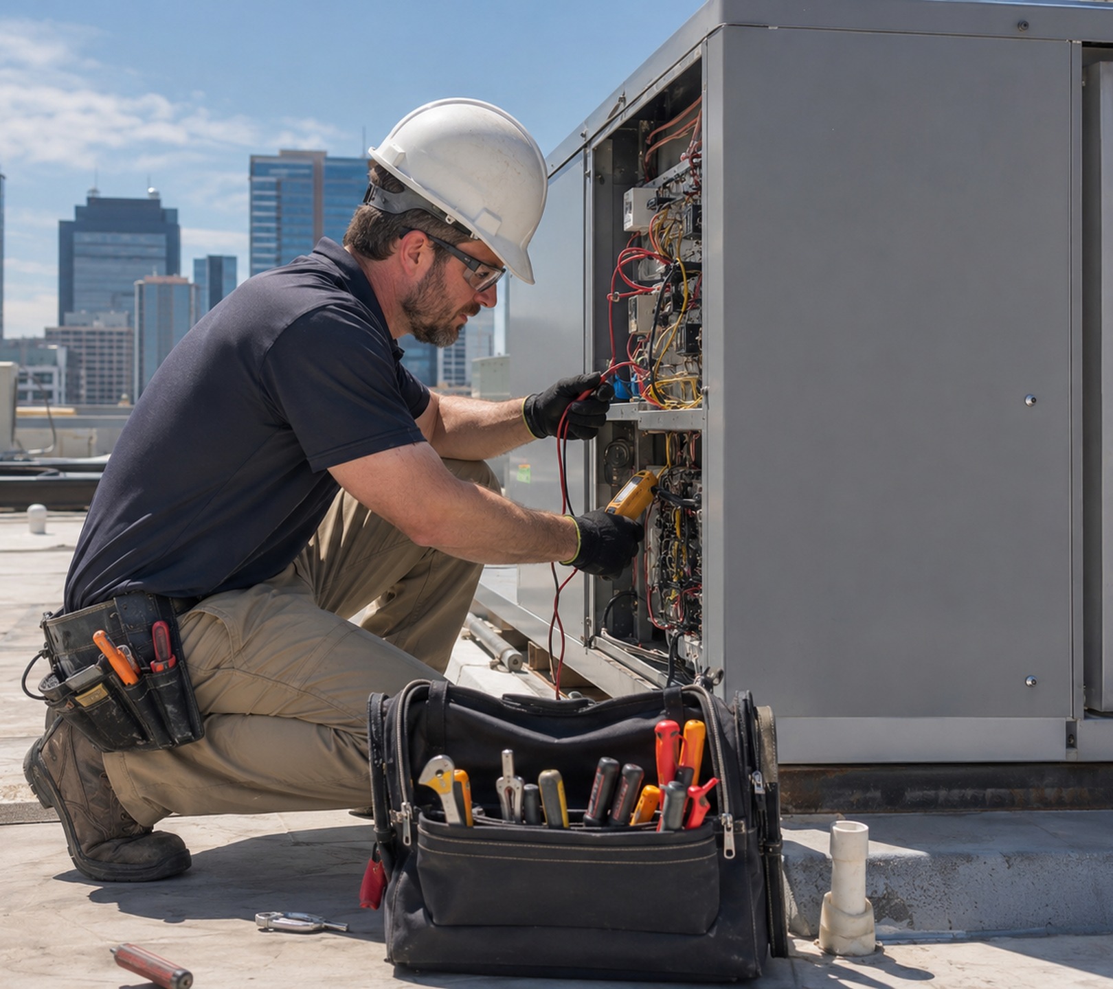 HVAC contractor inspecting duct airflow inside a Renton - WA commercial space during a system evaluation