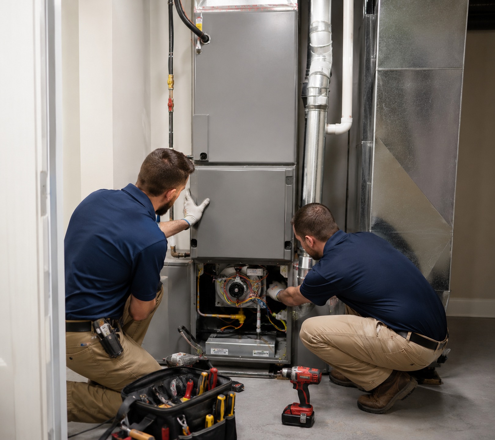HVAC contractor checking thermostat performance and airflow balance inside a Bellevue - WA living room