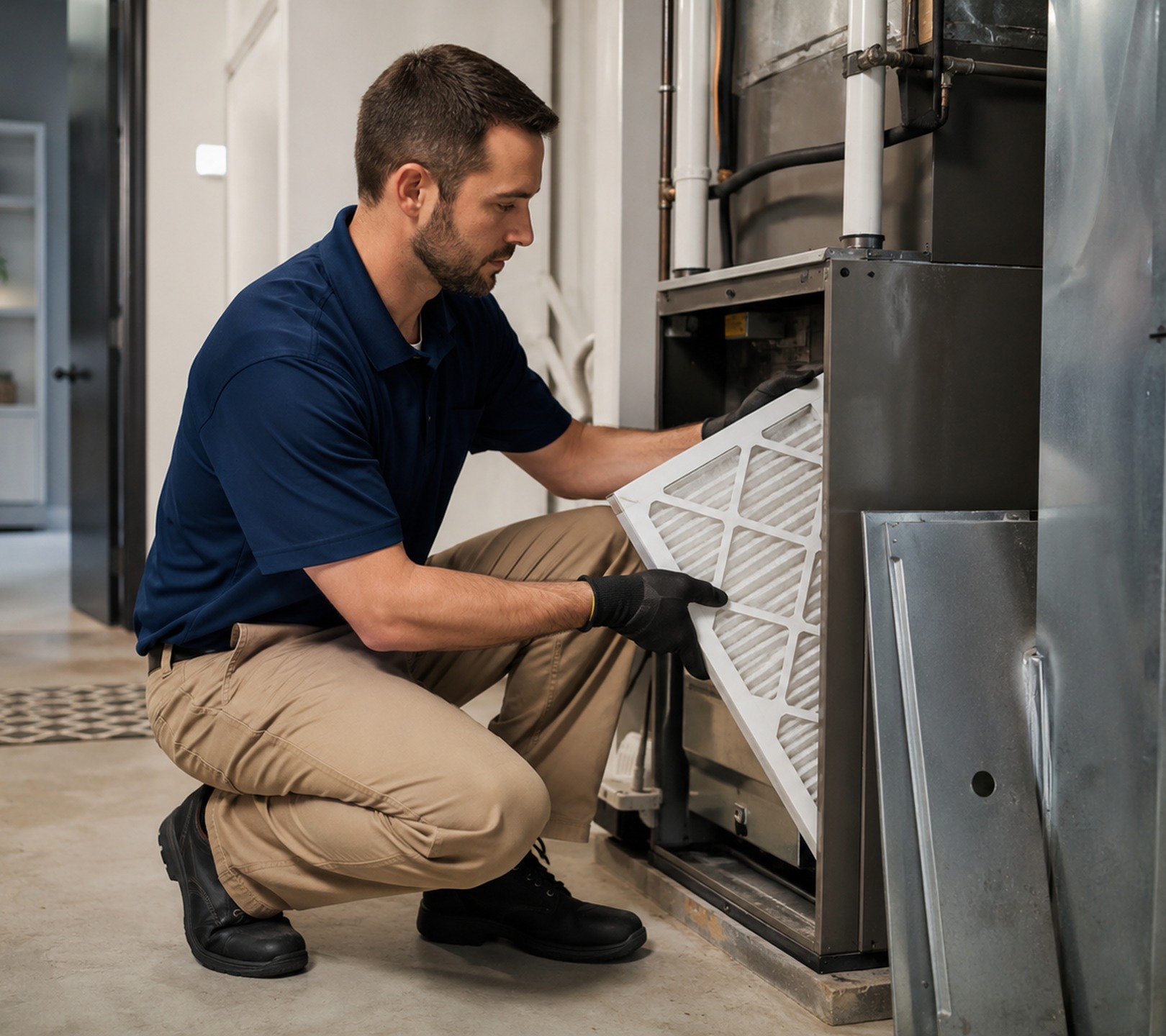 HVAC Contractor in Seattle - WA testing airflow at a furnace inside a residential utility room