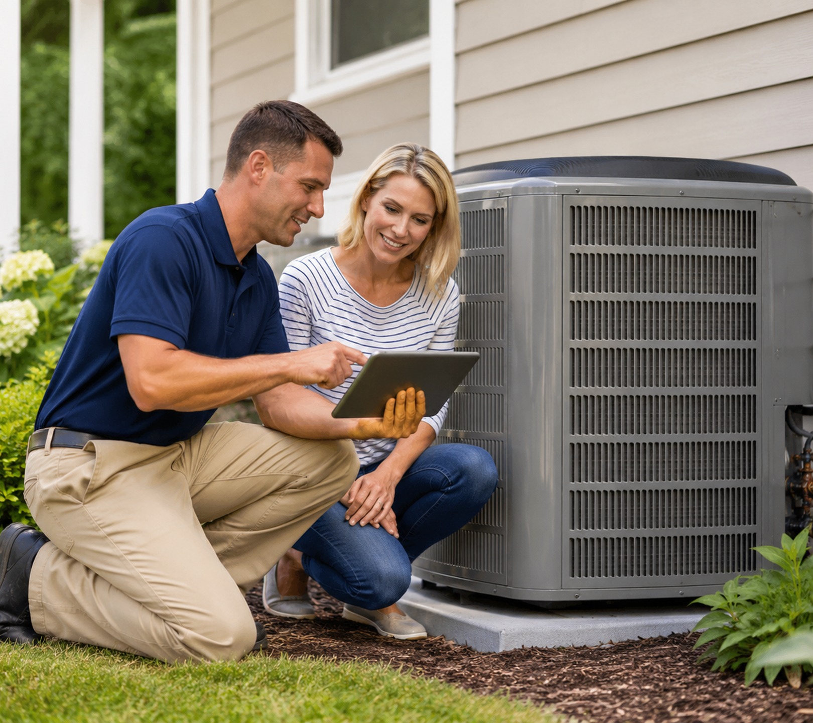 HVAC Contractor in Snohomish County - WA checking refrigerant levels at an outdoor unit beside a home, HVAC Contractor in Arlington - WA testing a heat pump system outside a suburban home
