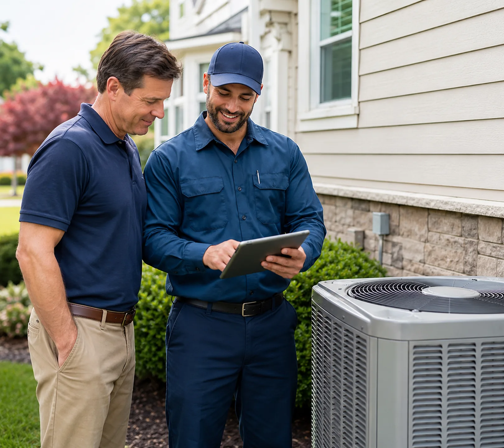 AC Repair in Federal Way - WA as a technician tests a condenser behind a family home, AC Repair in Arlington - WA in progress as a technician checks condenser wiring beside a home