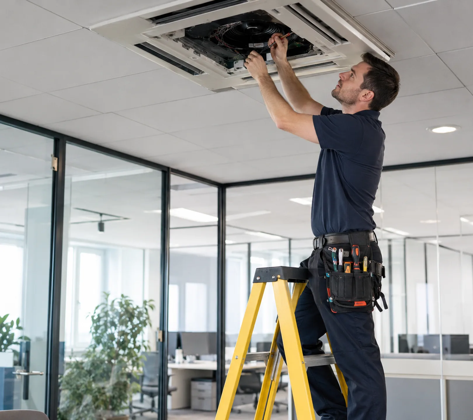 Technician performing AC repair in a Renton - WA home while measuring indoor airflow, Technician performing AC repair diagnostics beside a Lynnwood - WA home using electrical testing tools