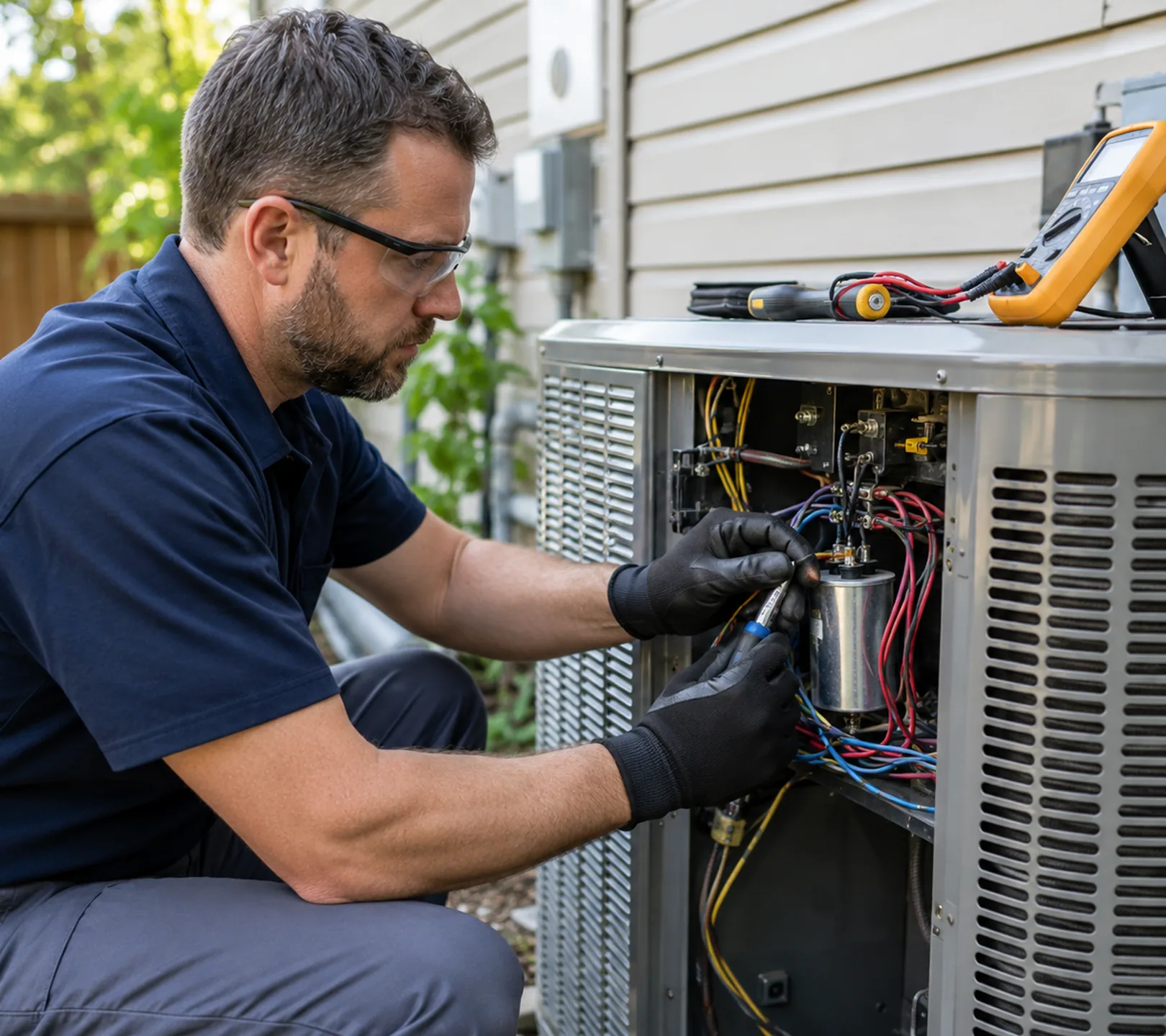 AC Repair in Renton - WA as a technician checks condenser wiring beside a townhouse, AC Repair in Lynnwood - WA underway as a technician tests an outdoor condenser during service