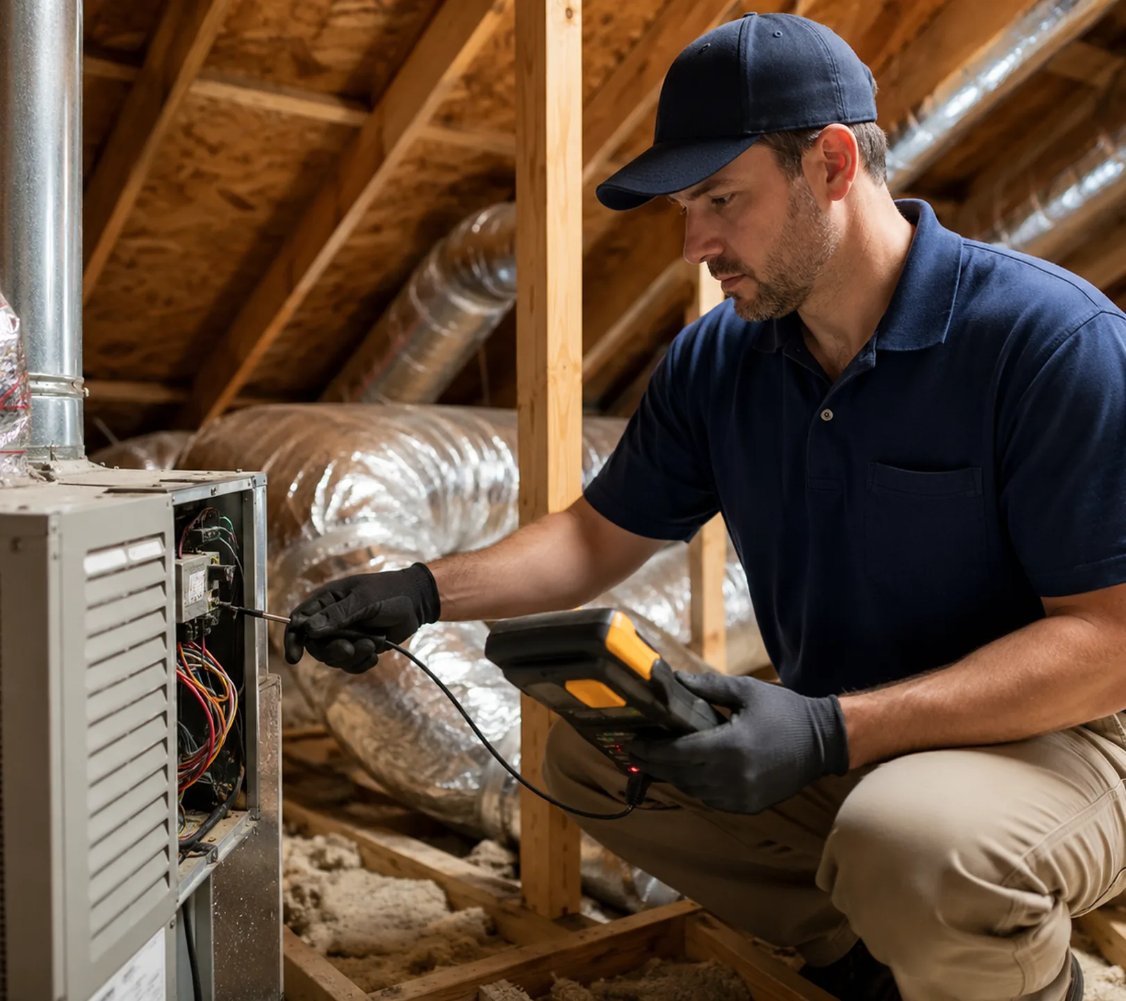 Specialist completing AC repair in a Kent - WA utility area while checking system pressures, Technician completing AC repair diagnostics in an Edmonds - WA home while checking indoor coil performance