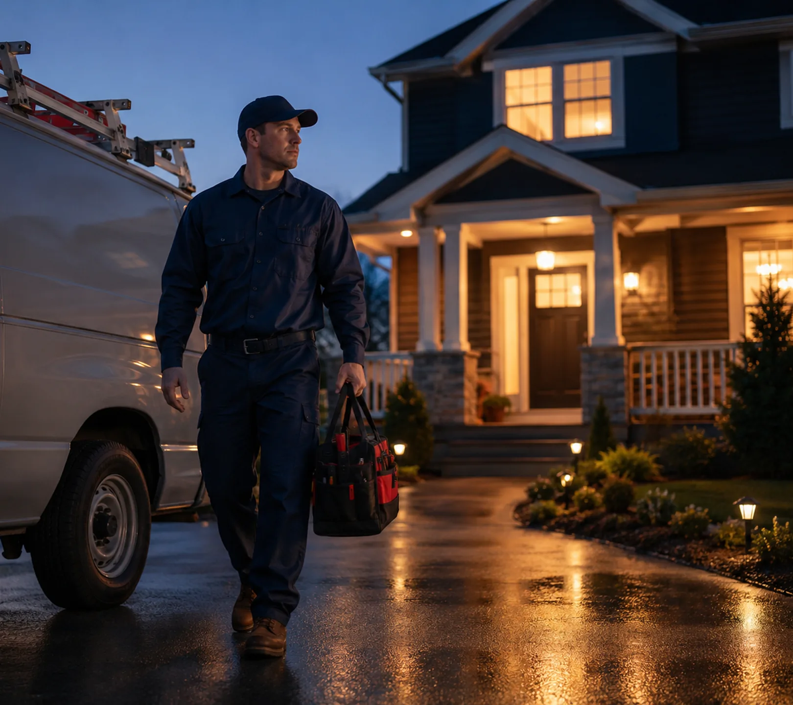 AC Repair in Kent - WA as a technician tests an outdoor condenser beside a home, AC Repair in Edmonds - WA as a technician tests refrigerant pressures beside an outdoor condenser