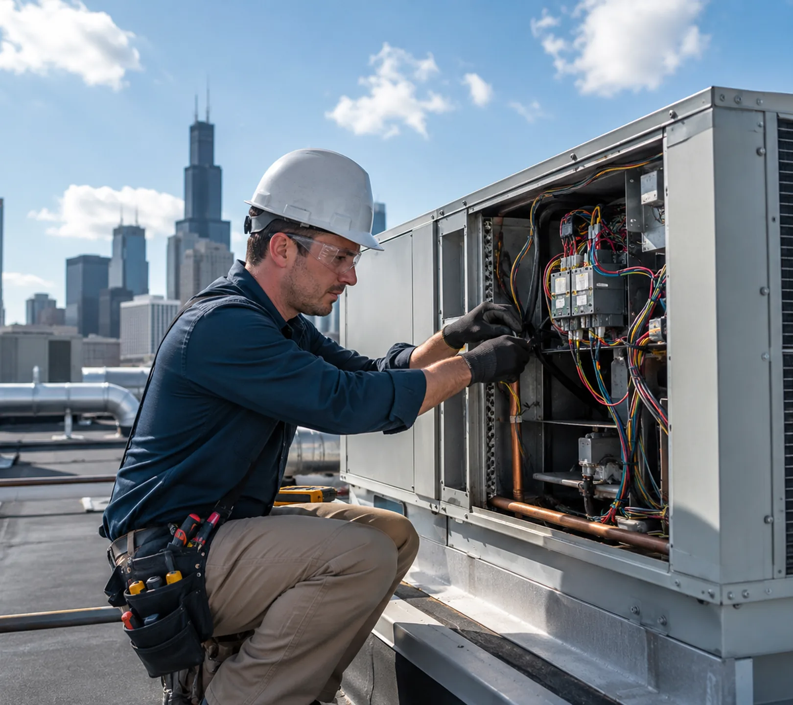 Technician performing AC repair inside a Bellevue - WA home while testing indoor airflow, Technician performing AC repair inside a Marysville - WA utility area while testing airflow readings