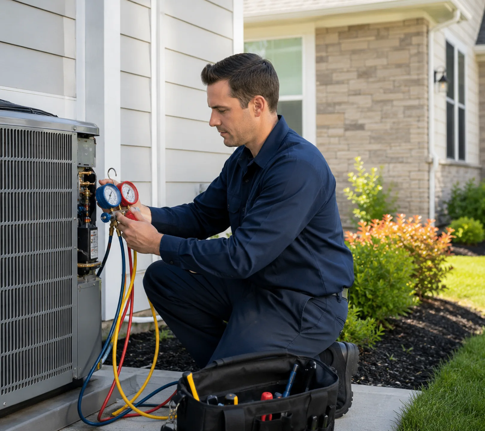 AC Repair in Everett - WA as a technician inspects gauges beside an outdoor condenser unit