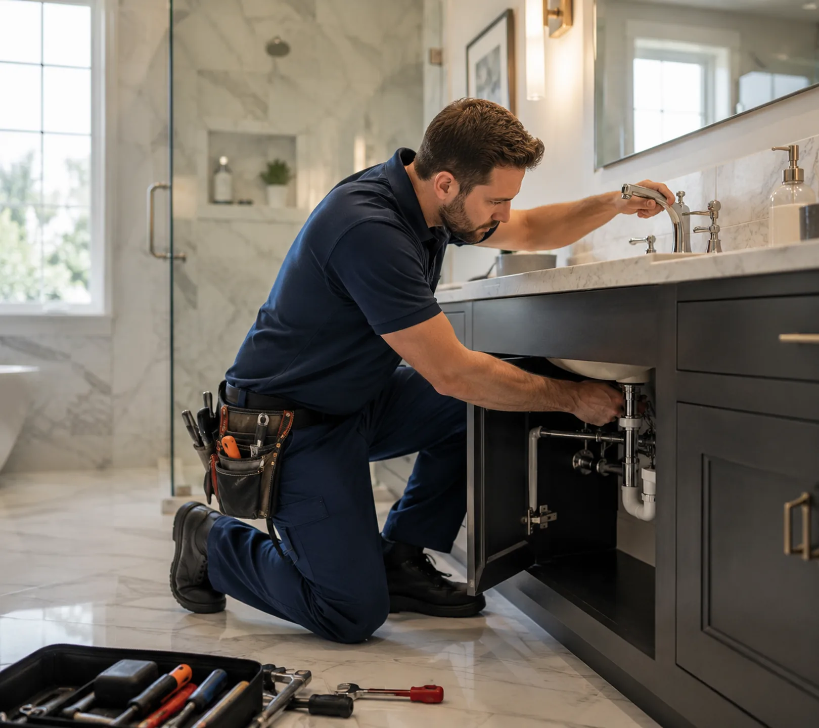 Plumbing specialist checking water supply connections in a Federal Way - WA bathroom vanity