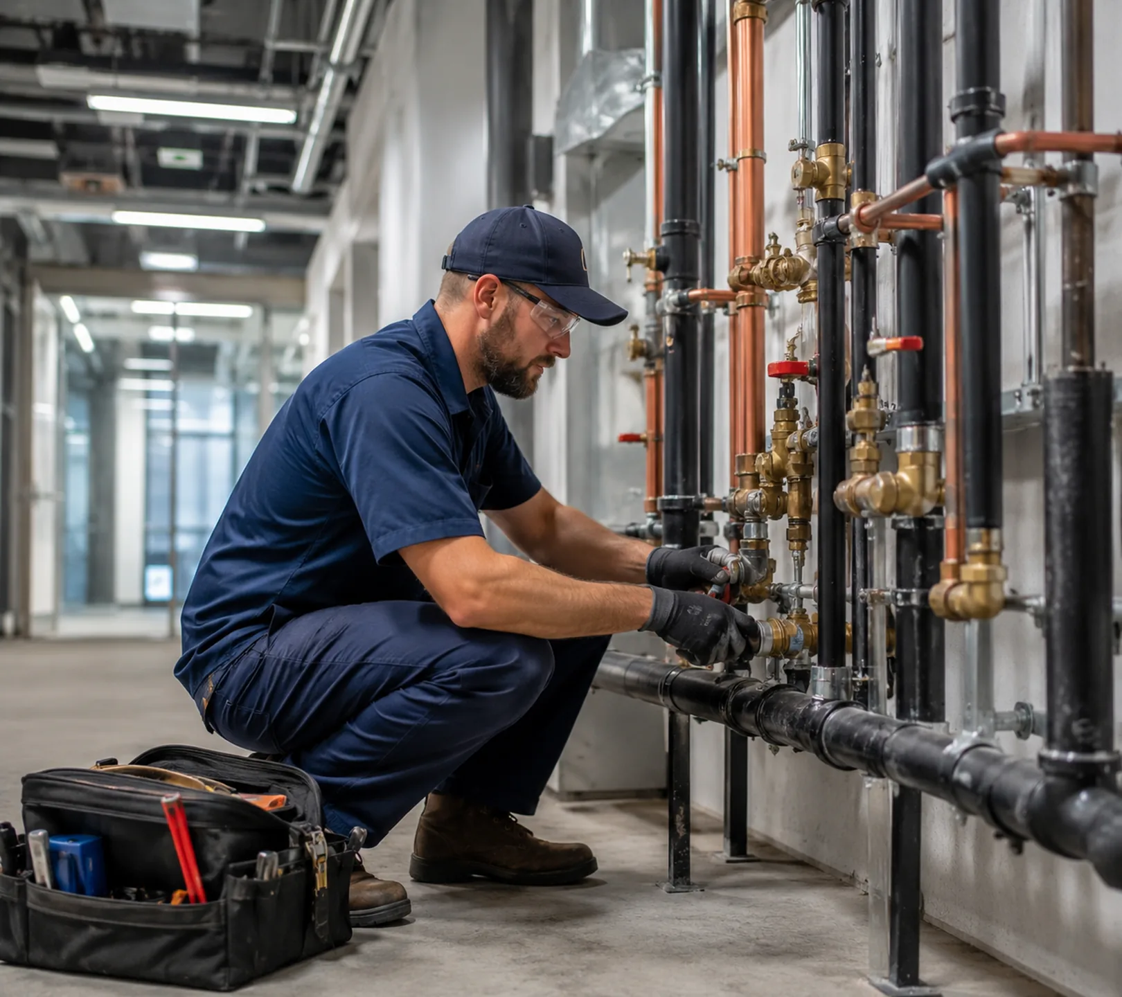 Plumbing in Federal Way - WA underway as a technician repairs supply lines beneath a kitchen sink