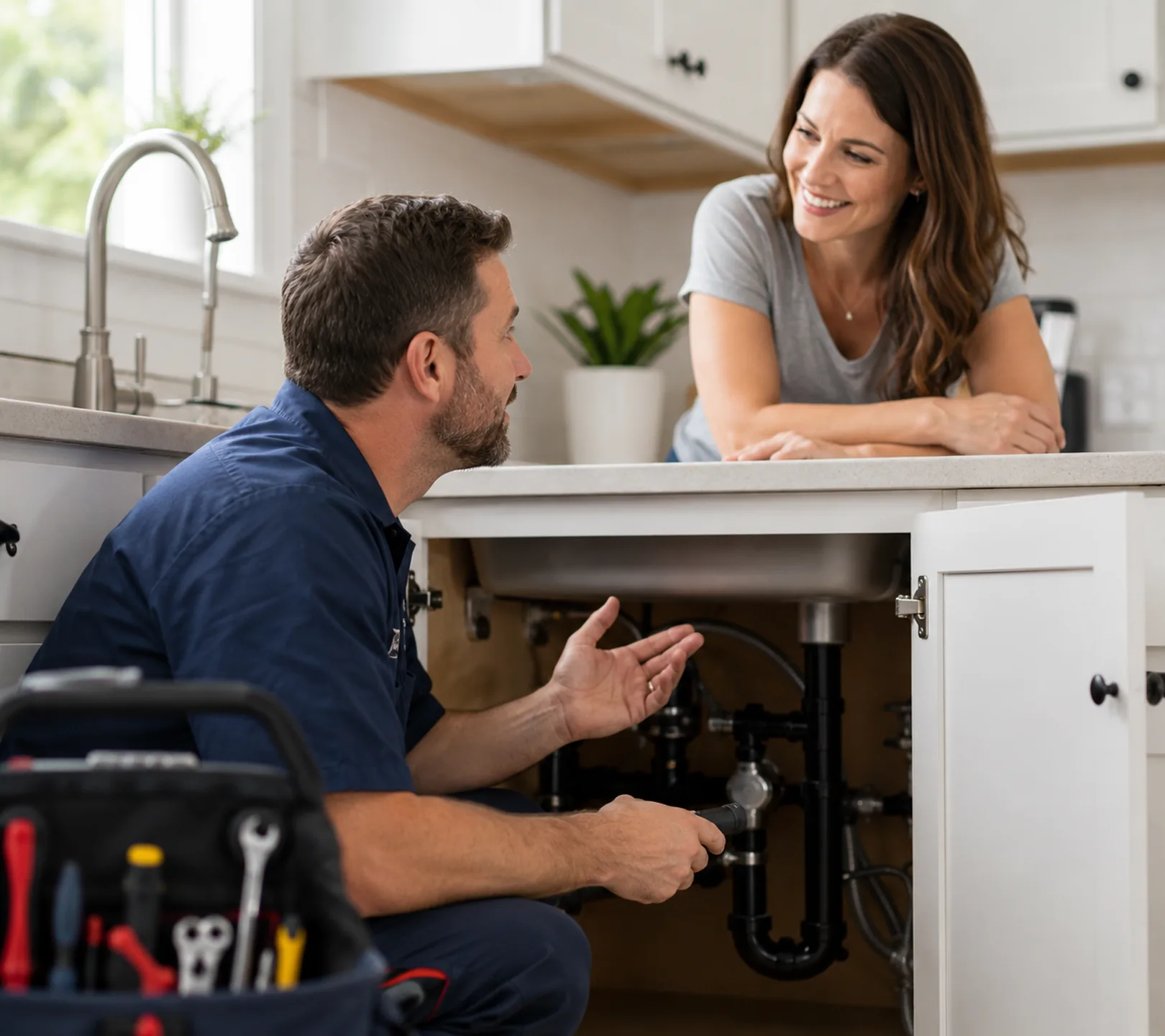 Plumbing technician inspecting drain connections beneath a kitchen sink in a Renton - WA home