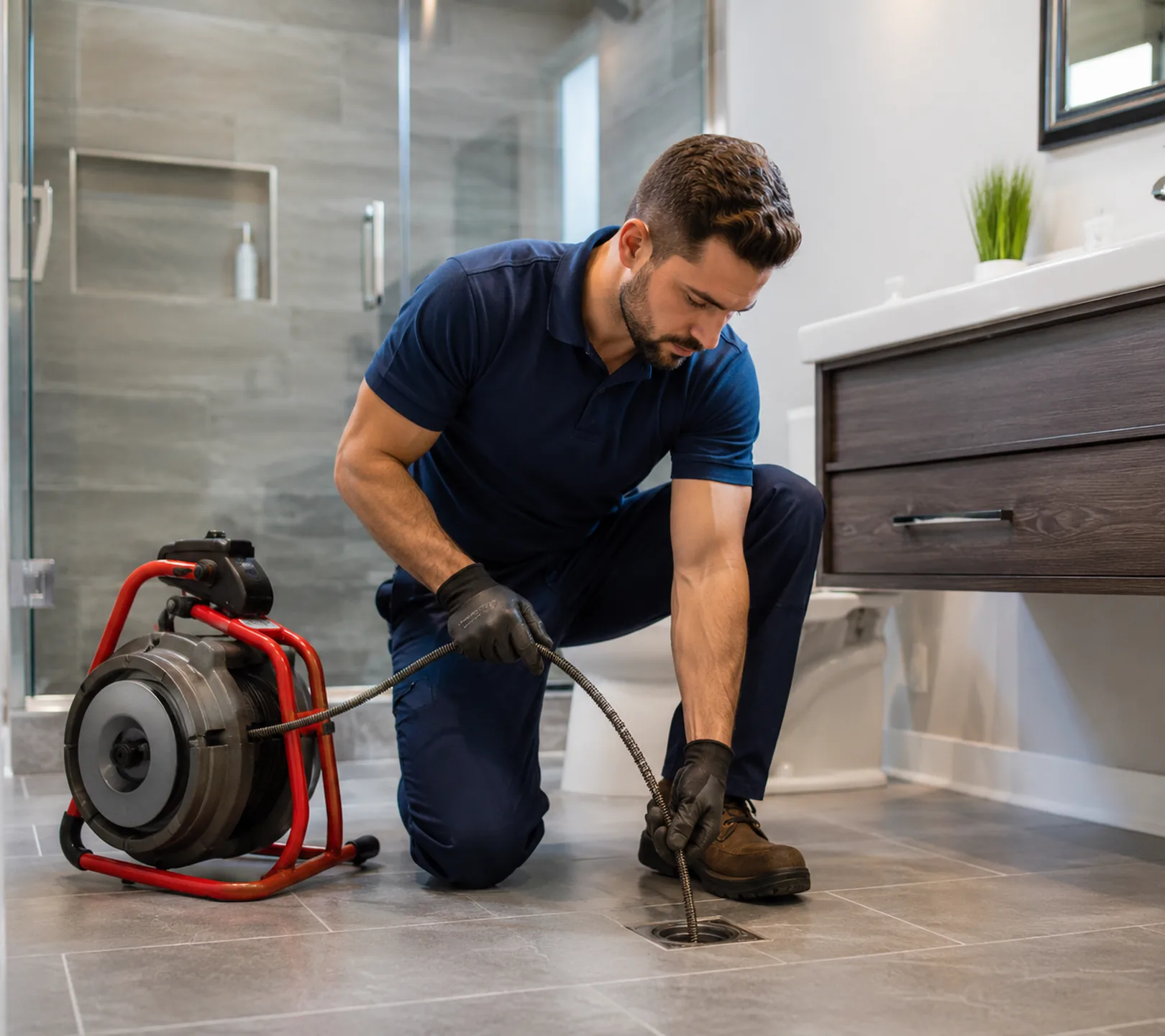 Plumbing in Renton - WA in progress as a technician clears a clogged bathroom drain line