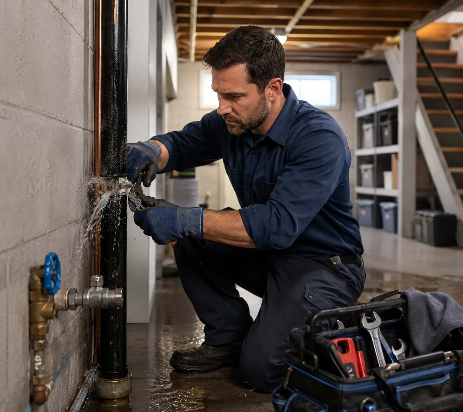 Plumbing specialist inspecting supply lines inside a Kent - WA utility room during leak diagnosis, Plumbing specialist in Edmonds - WA inspecting supply lines and drain fittings inside a laundry room wall