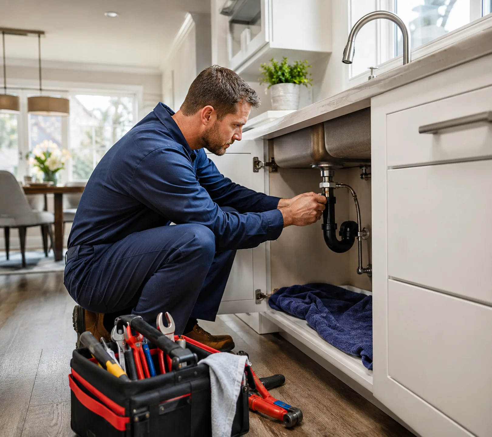 Plumbing in Kent - WA underway as a technician repairs a leaking shutoff valve beneath a sink, Plumbing in Edmonds - WA in progress as a technician repairs a bathroom drain beneath the sink