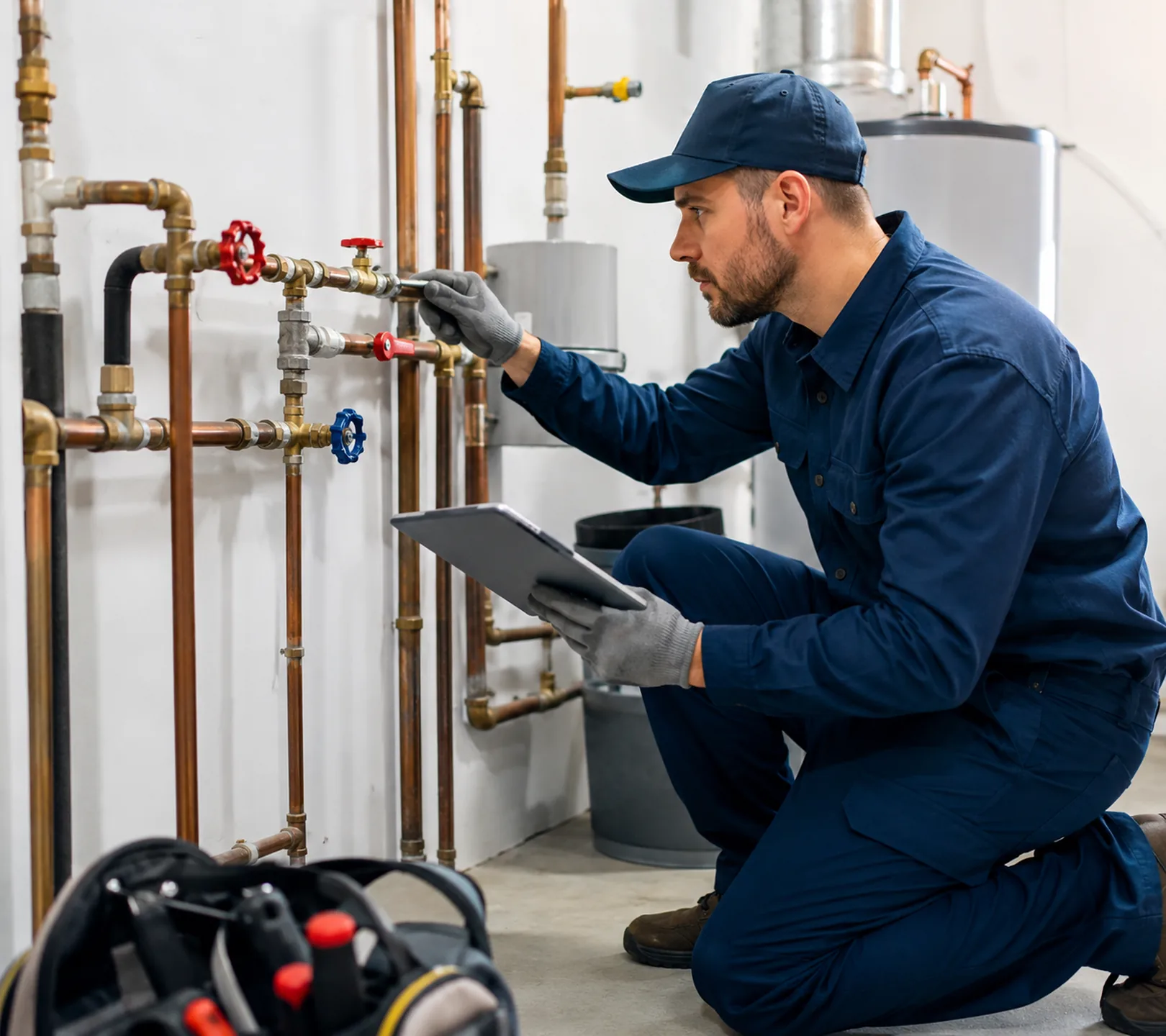 Plumbing technician tracing a concealed leak inside a Bellevue - WA wall cavity, Plumbing technician in Marysville - WA checking drain connections and shutoff valves behind a bathroom vanity