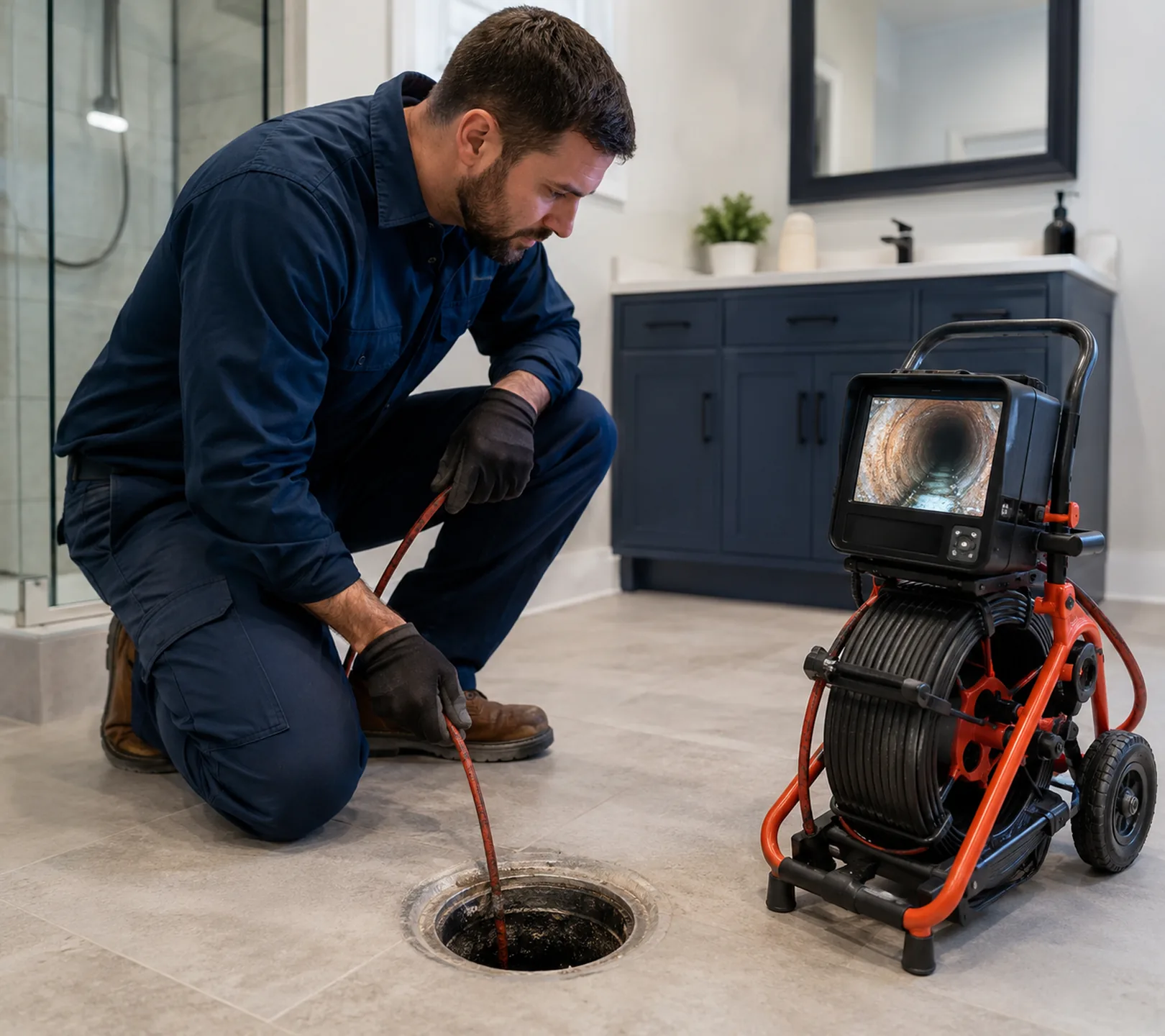 Plumbing in Bellevue - WA in progress as a technician repairs a bathroom sink drain assembly, Plumbing in Marysville - WA underway as a technician repairs supply lines under a kitchen sink