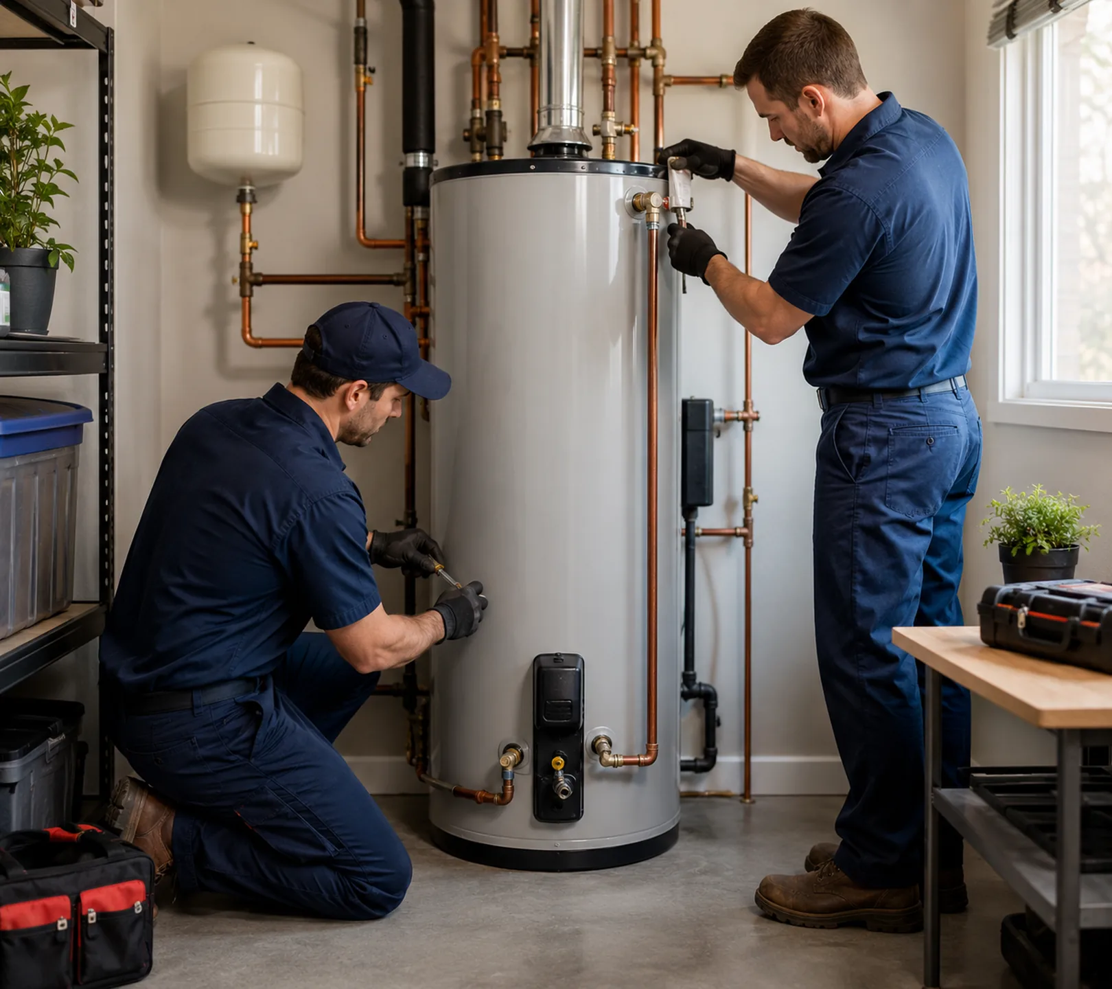 Plumbing in Everett - WA in progress as a technician repairs a bathroom drain beneath the sink