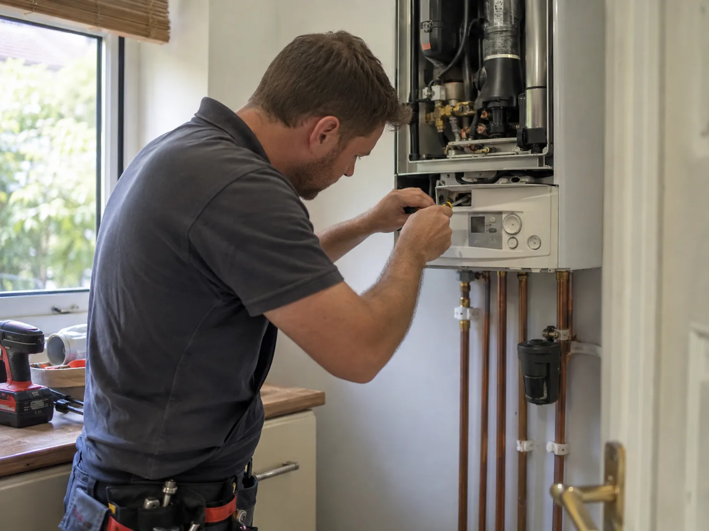 Boilers in Greater Seattle - WA being inspected as a technician checks gauges in a utility room