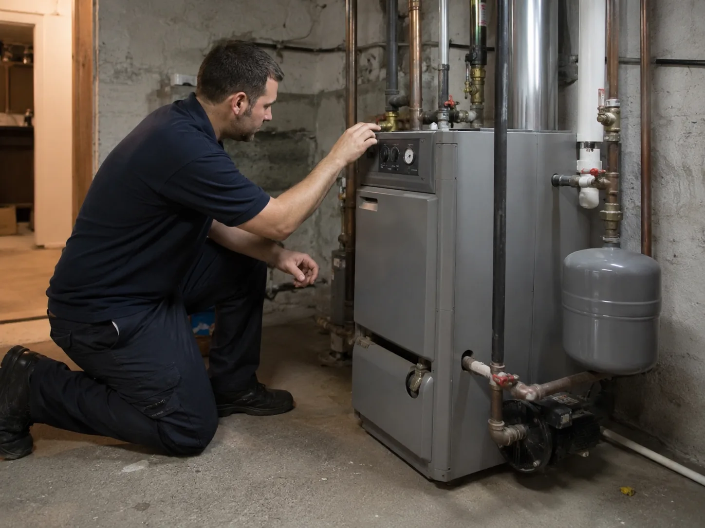 Technician servicing boilers inside a Greater Seattle - WA basement mechanical area during a winter visit