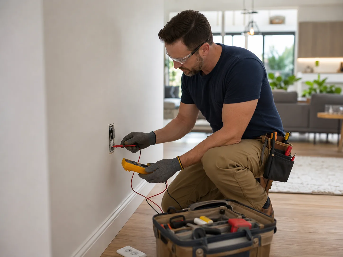 Electrical in Bellevue - WA in progress as a technician inspects wiring inside a wall box, Electrical in Marysville - WA being tested as a technician checks wiring inside a service panel, Electrical in Arlington - WA technician testing a service panel during a residential wiring visit