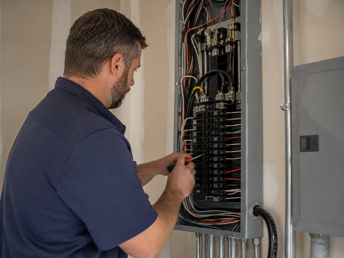 Technician performing electrical testing in a Bellevue - WA utility area beside a residential panel, Electrician performing electrical testing in a Marysville - WA garage near a loaded household circuit, Electrician performing electrical diagnostics inside an Arlington - WA home near an open breaker panel