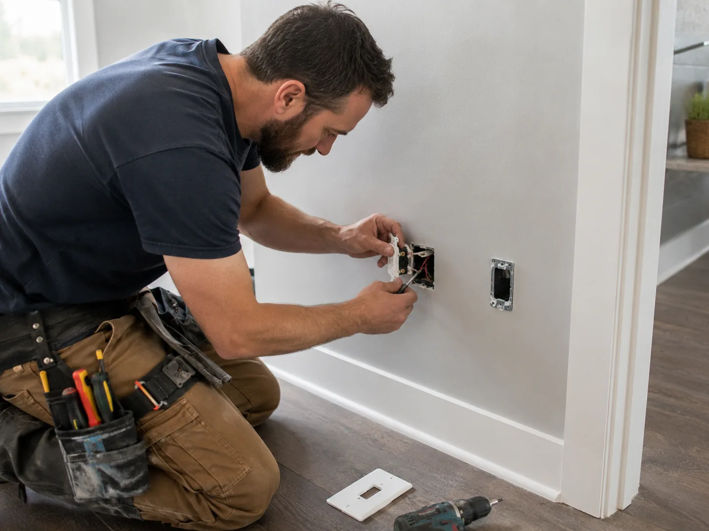Electrician performing electrical diagnostics in a Kent - WA garage near a residential service panel, Electrician performing electrical diagnostics in an Edmonds - WA utility area with testing equipment