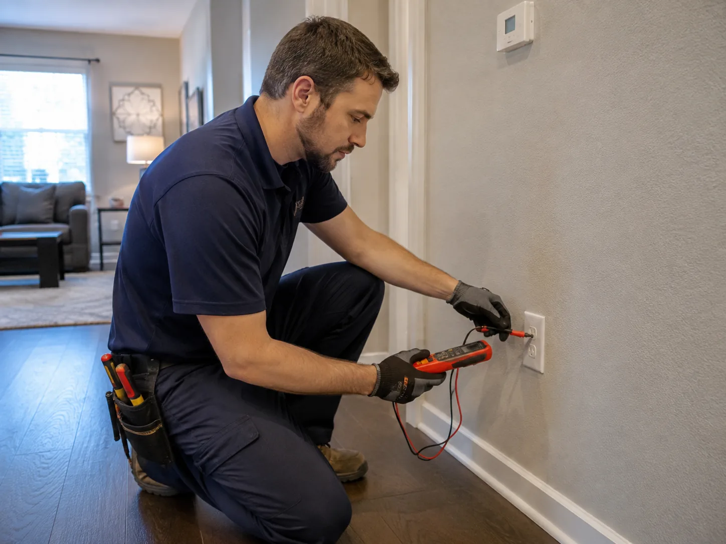 Electrical in Renton - WA being inspected as a technician checks wiring inside a service panel, Electrical in Lynnwood - WA being checked as a technician tests outlets in a family home
