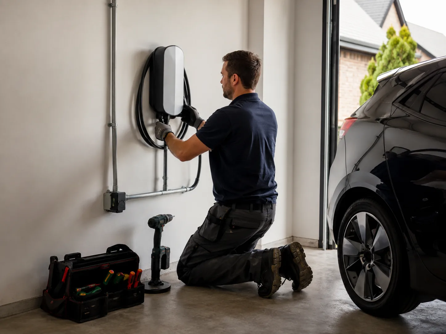 Technician performing electrical testing in a Renton - WA utility area beside labeled breakers, Electrician handling electrical testing inside a Lynnwood - WA panel room during a service visit