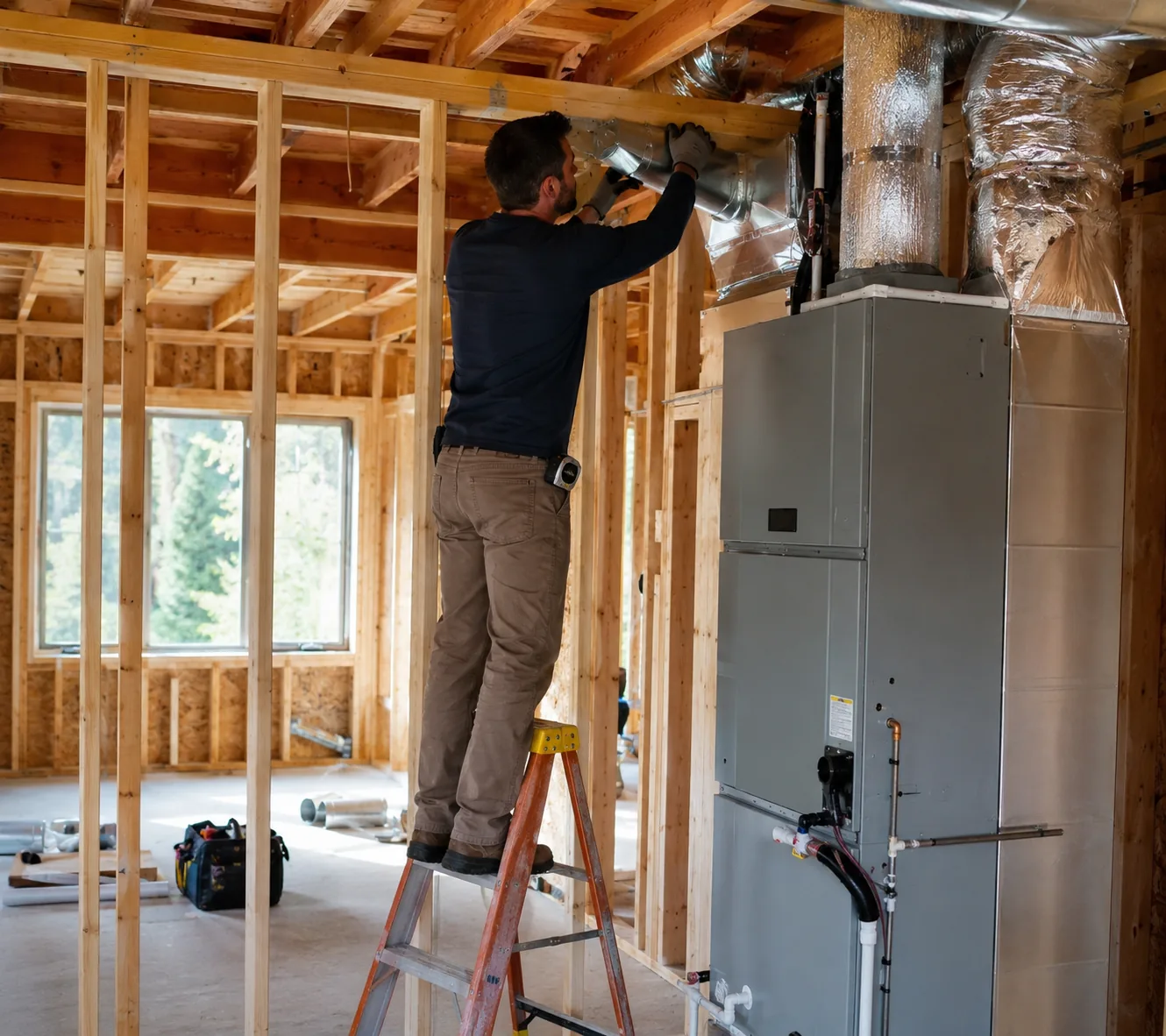 Air Conditioning for New Construction in Greater Seattle - WA being installed during residential framing