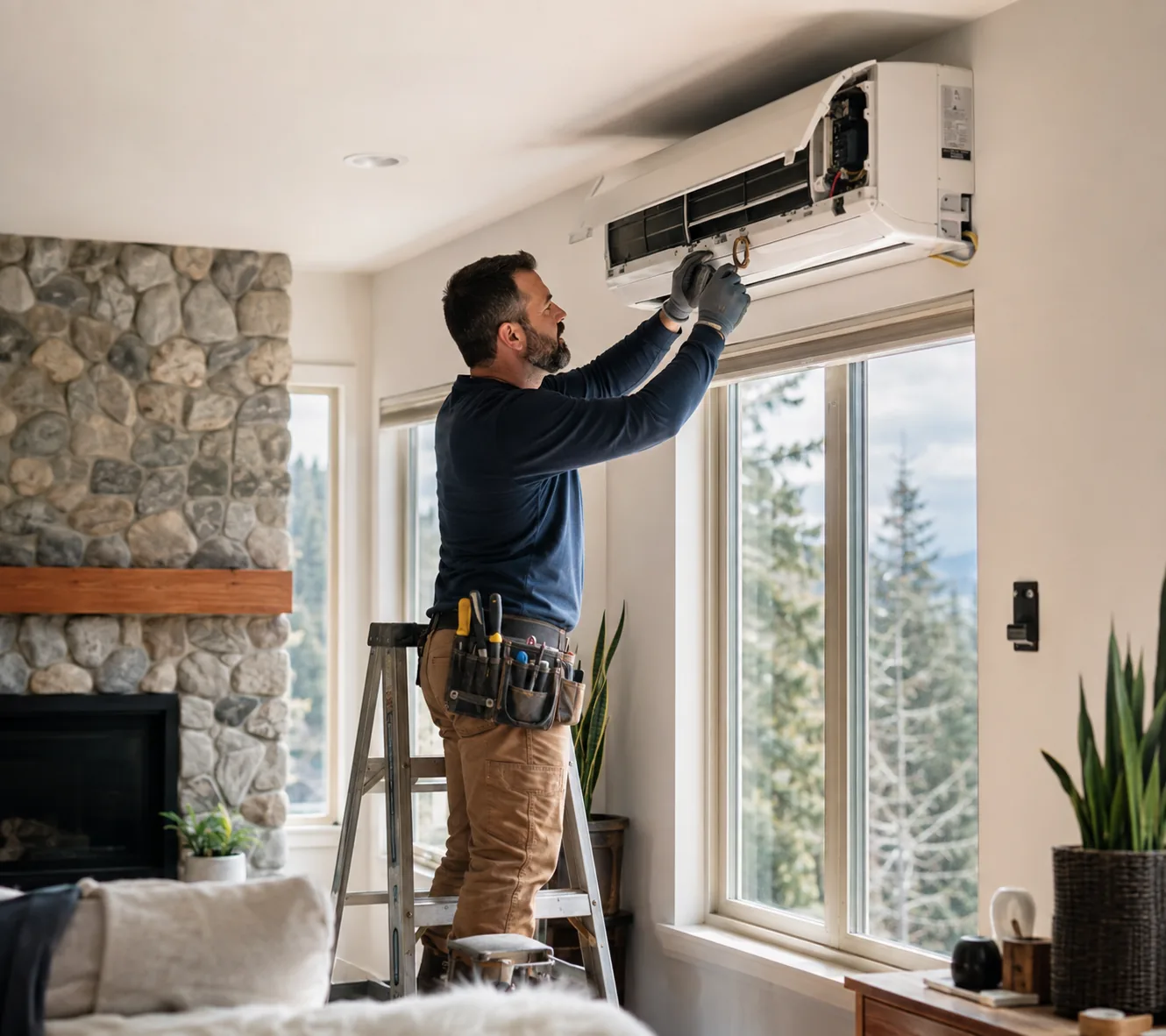 Ductless Systems in Greater Seattle - WA being mounted as a technician measures an upper wall location