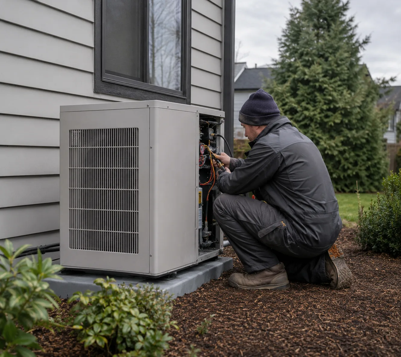 Heat Pumps in Greater Seattle - WA being installed beside a home during a rainy afternoon service visit