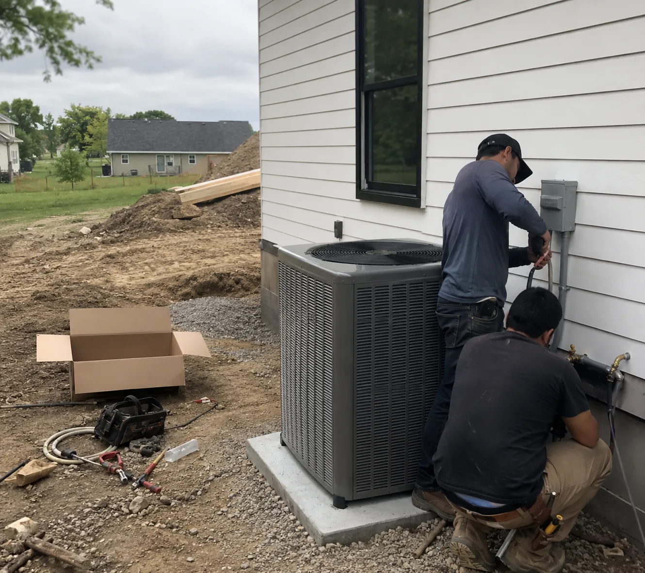 Technician planning Air Conditioning for New Construction beside framed rooms in Greater Seattle - WA