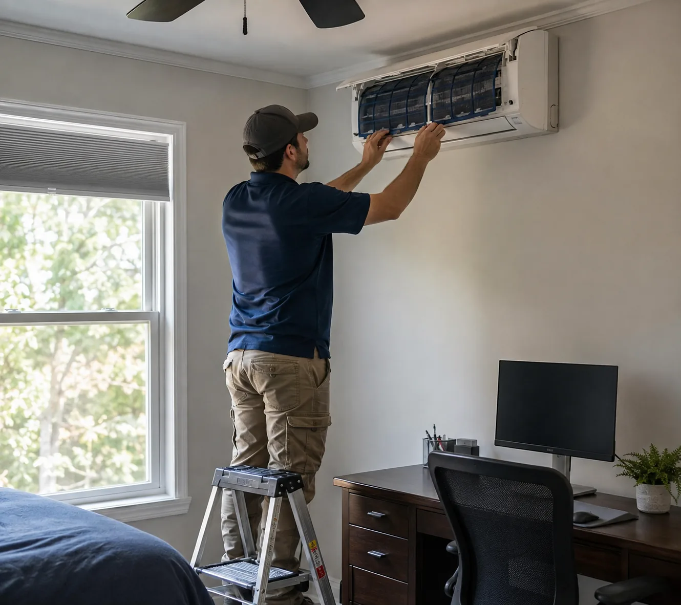 Technician adjusting Ductless Systems controls inside a Greater Seattle - WA bonus room