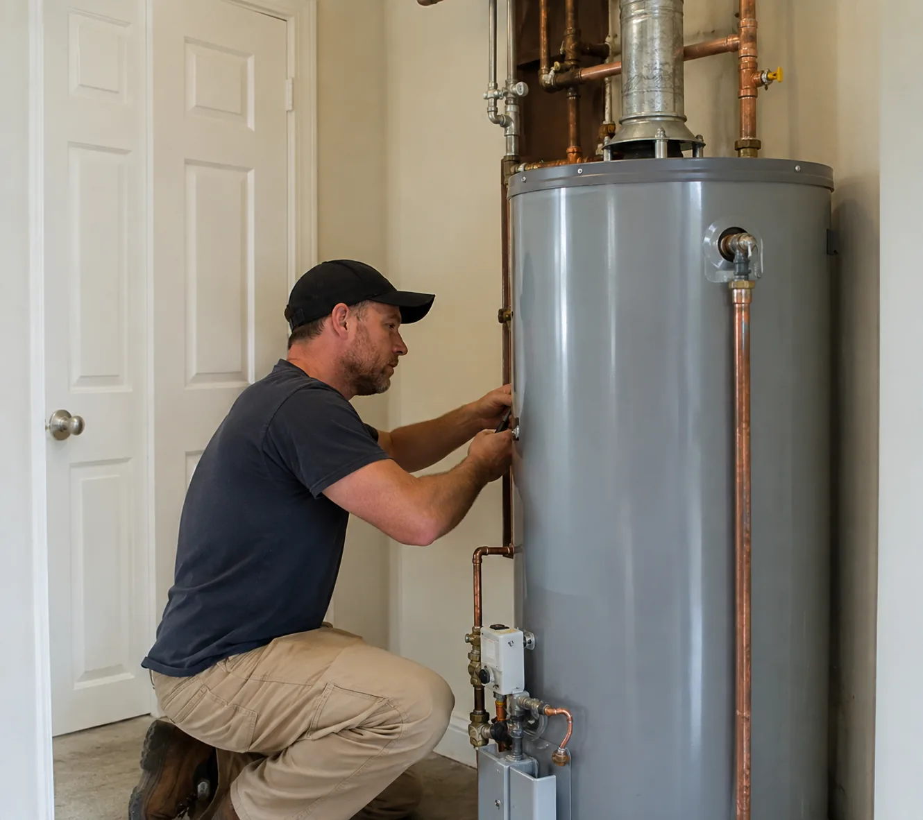 Water Heaters in Greater Seattle - WA being installed in a basement utility room by a technician
