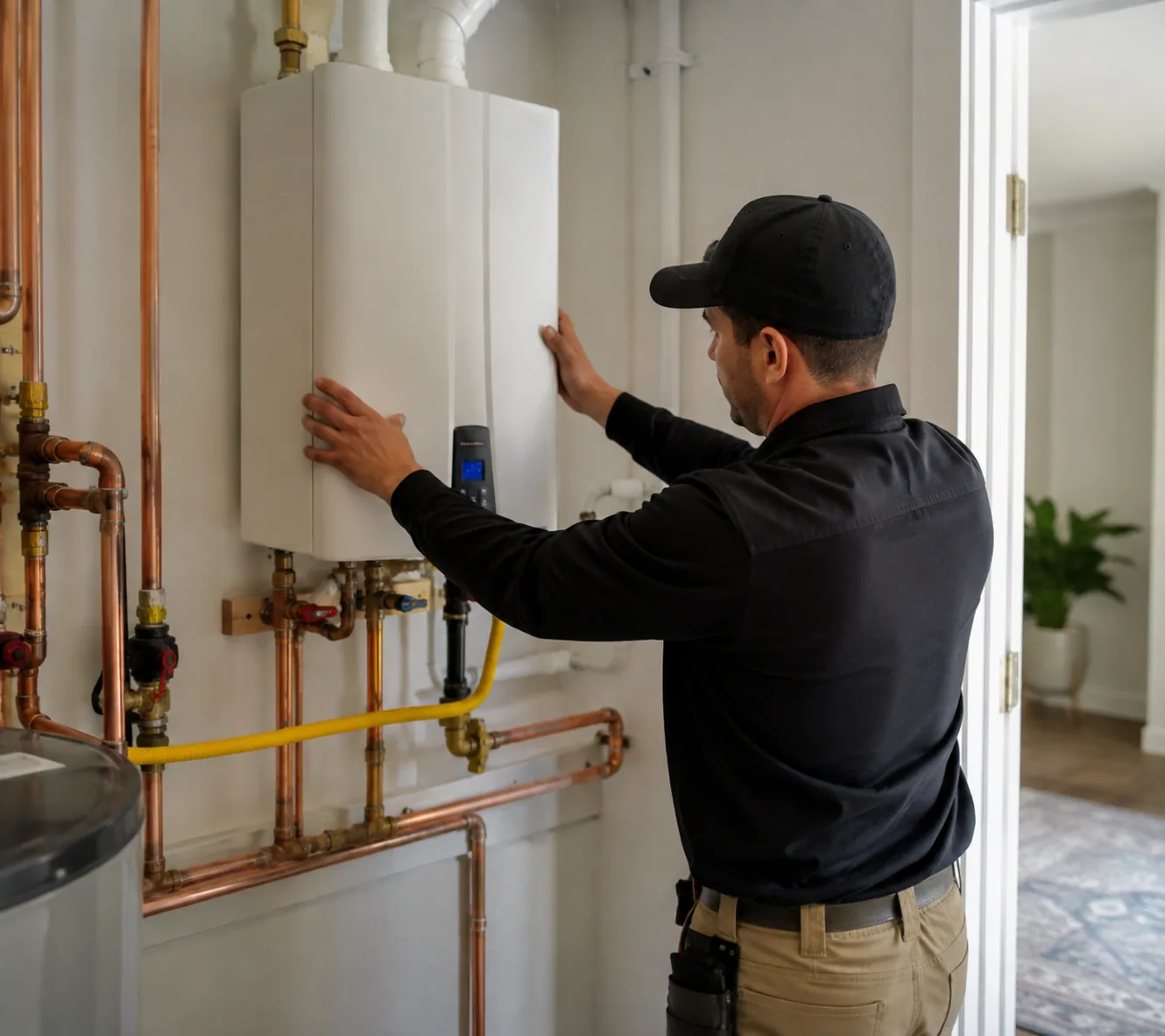 Technician inspecting Geothermal Heat Pumps beside a Greater Seattle - WA home during a system performance check