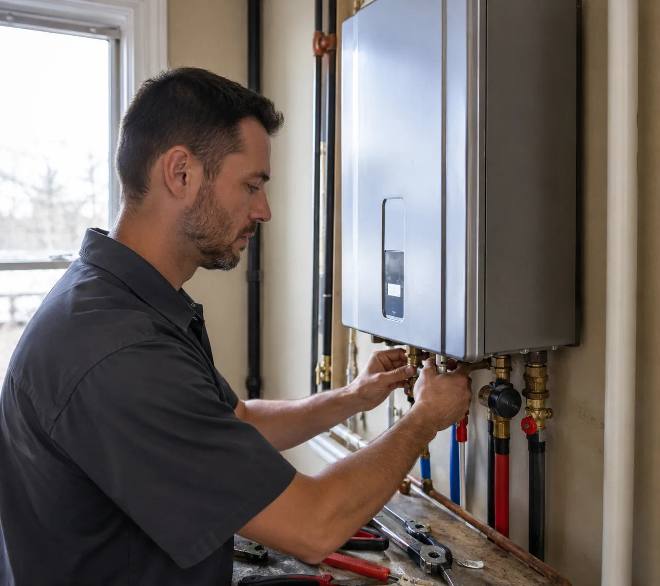 Technician servicing Water Heaters inside a Greater Seattle - WA home mechanical room
