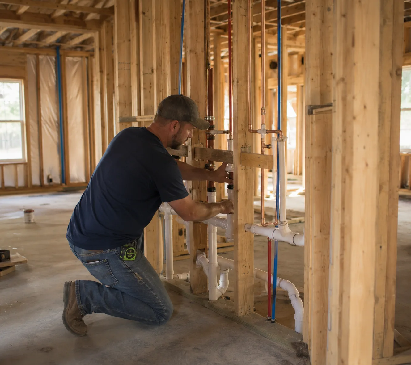 Plumbing for New Construction in Greater Seattle - WA underway as workers install drain lines in framing