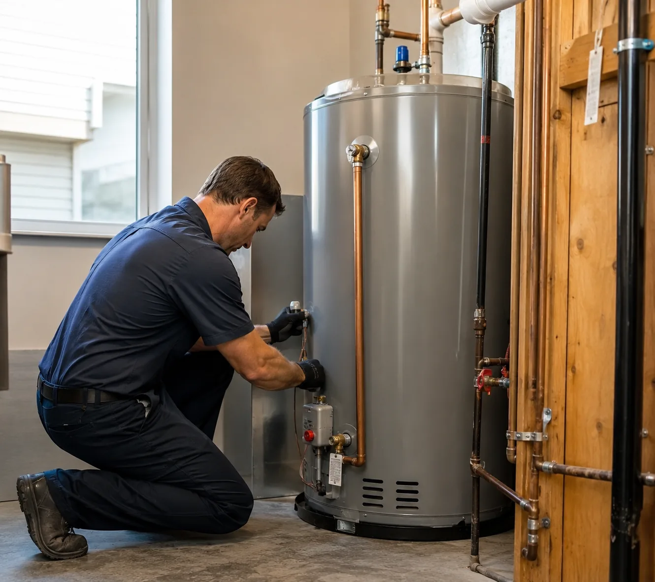 Water Heaters in Greater Seattle - WA being installed as a technician connects lines in a utility room