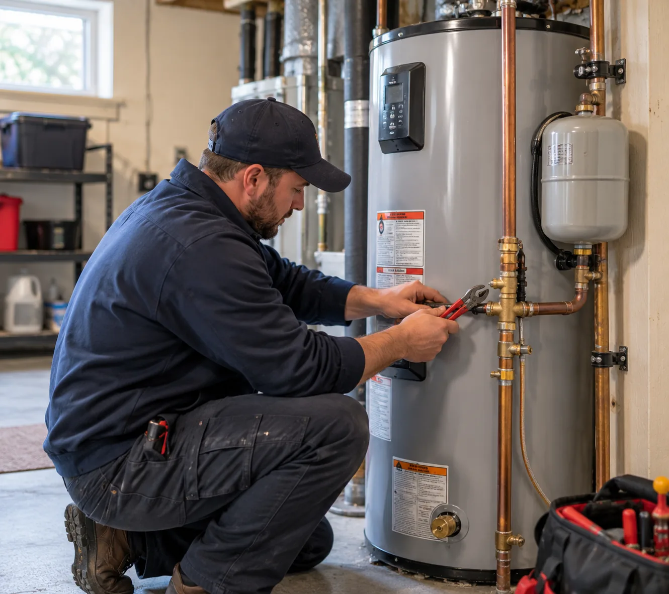 Plumber checking Water Heaters inside a Greater Seattle - WA basement before restoring household hot water