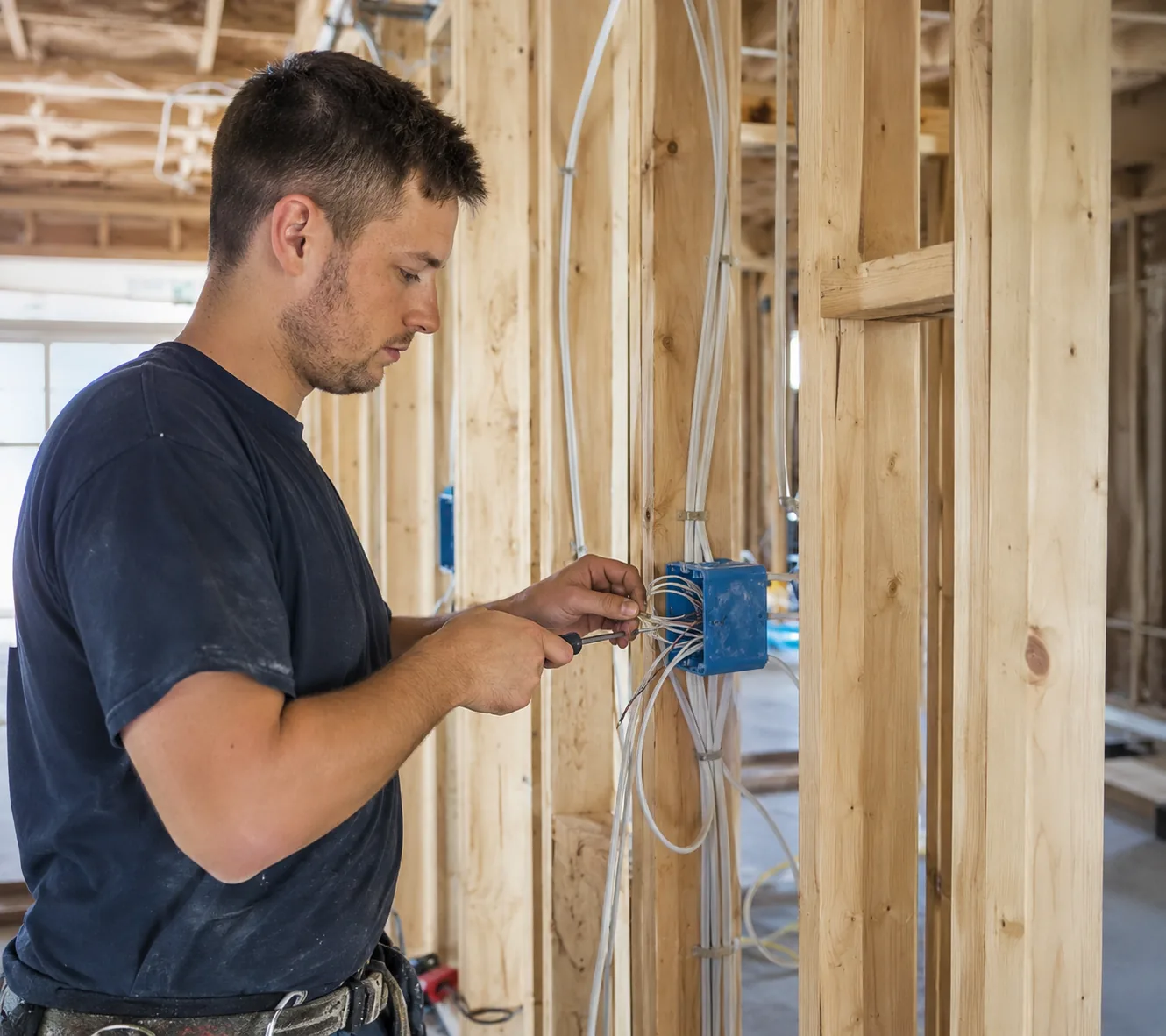 Electrical for New Construction in Greater Seattle - WA as electricians wire a framed residential panel wall